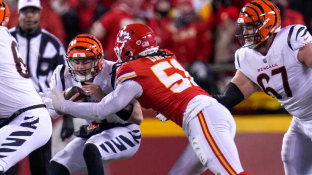 Bengals QB Joe Burrow is sacked by a Chiefs defender in the AFC championship