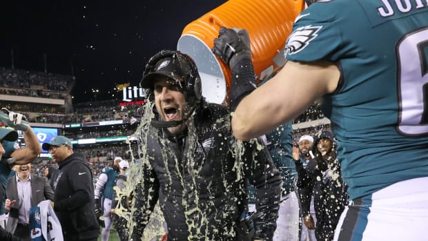 Eagles coach Nick Sirianni gets the Gatorade bath after his Eagles defeated the 49ers in the NFC championship.