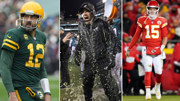 Three photos side by side of Aaron Rodgers, Philadelphia Eagles head coach Nick Sirianni and Patrick Mahomes