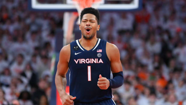 Virginia Cavaliers forward Jayden Gardner (1) reacts to a play against the Syracuse Orange during the second half at the JMA Wireless Dome.