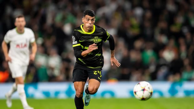 Pedro Porro pictured playing for Sporting Lisbon against Tottenham during the 2022/23 UEFA Champions League group stage