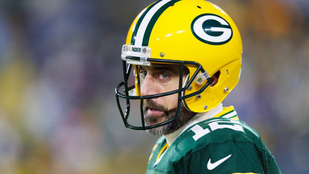 Packers quarterback Aaron Rodgers during warmups prior to the game against the Detroit Lions at Lambeau Field
