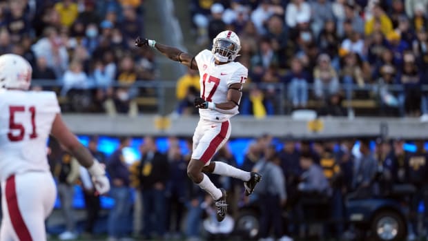 Nov 19, 2022; Berkeley, California, USA; Stanford Cardinal cornerback Kyu Blu Kelly (17) celebrates after a California Golden Bears incomplete pass on fourth down during the second quarter at FTX Field at California Memorial Stadium.