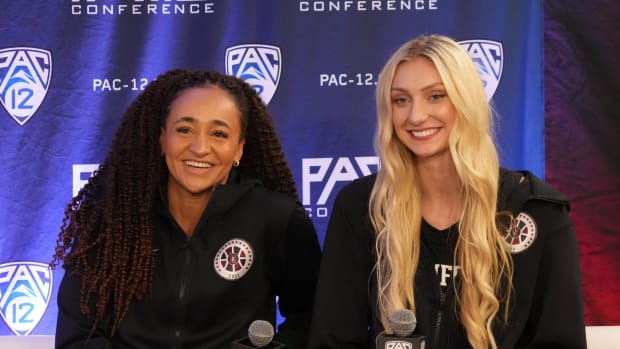 Oct 25, 2022; San Francisco, CA, USA; Stanford Cardinal guard Haley Jones (left) and forward Cameron Brink react during Pac-12 Women's Basketball Media Day at the Pac-12 Network Studios. Mandatory Credit: Kirby Lee-USA TODAY Sports
