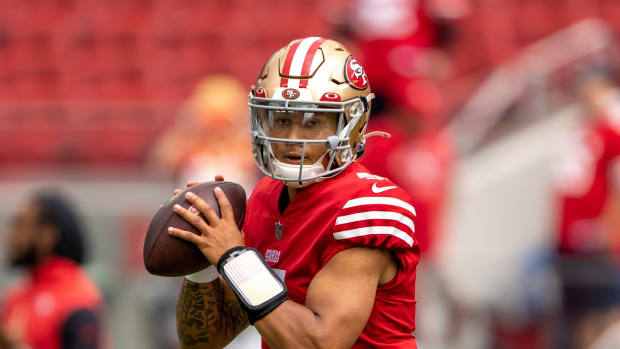 San Francisco 49ers quarterback Trey Lance (5) before the game against the Seattle Seahawks at Levi's Stadium.