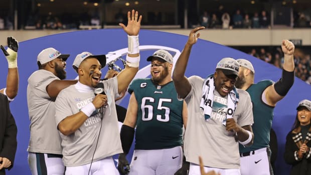 the Eagles celebrate winning the NFC title and advancing to Super Bowl LVII