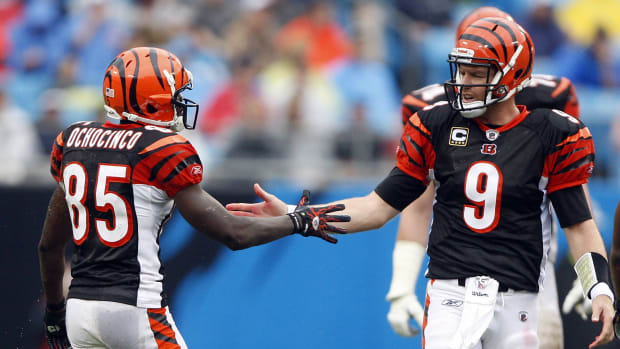 SEPTEMBER 26, 2010: Bengals Chad Ochocinco and Carson Palmer celebrate a complete pass during the first half against the Panthers at Bank of America Stadium in Charlotte. Bengals3