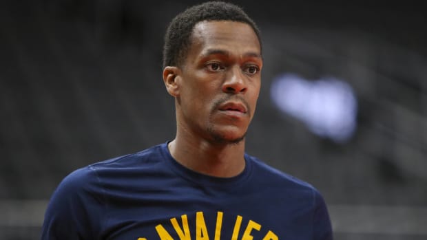 Point guard Rajon Rondo looks on before a game with the Cavaliers.