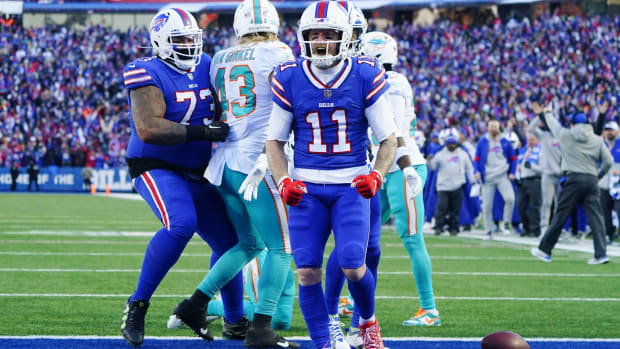 Bills wide receiver Cole Beasley celebrates after scoring a touchdown in a game vs. the Dolphins.