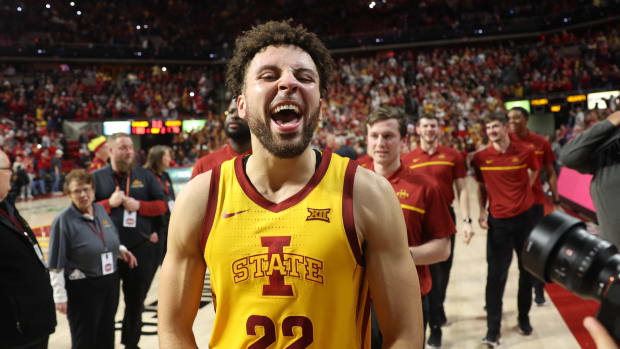 Jan 24, 2023; Ames, Iowa, USA; Iowa State Cyclones guard Gabe Kalscheur (22) celebrates after the win against the Kansas State Wildcats during the second half at James H. Hilton Coliseum. The Cyclones won 80-76. Mandatory Credit: Reese Strickland-USA TODAY Sports