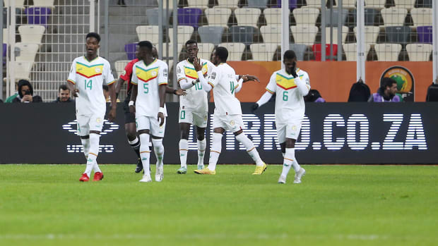 Senegal's players pictured during their semi-final win over Madagascar in the 2022 African Nations Championship, held in Algeria in 2023