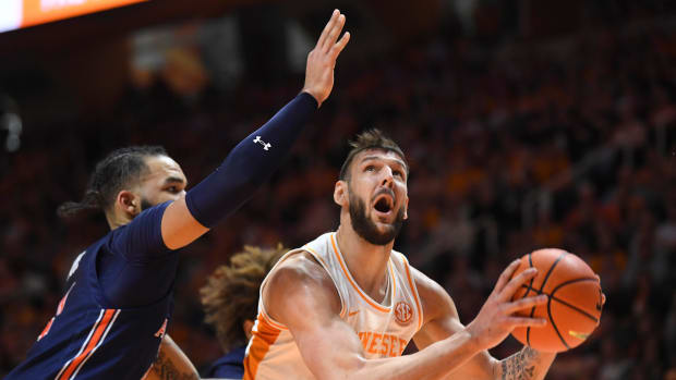 Tennessee forward Uros Plavsic (33) keeps his eyes on the basket during an NCAA college basketball game between the Auburn Tigers and the Tennessee Volunteers in Thompson-Boling Arena in Knoxville, Saturday Feb. 4, 2023. Utauburn0204 0508