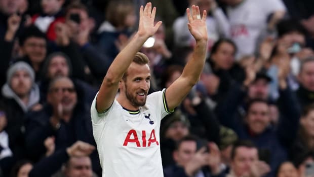 Harry Kane pictured celebrating after scoring the 267th goal of his Tottenham Hotspur career during an EPL game against Manchester City in February 2023