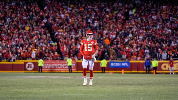 Kansas City Chiefs quarterback Patrick Mahomes (15) paces between plays in the third quarter of the AFC championship NFL game between the Cincinnati Bengals and the Kansas City Chiefs, Sunday, Jan. 29, 2023, at Arrowhead Stadium in Kansas City, Mo. The Kansas City Chiefs advanced to the Super Bowl with a 23-20 win over the Bengals. Cincinnati Bengals At Kansas City Chiefs Afc Championship Jan 29 100