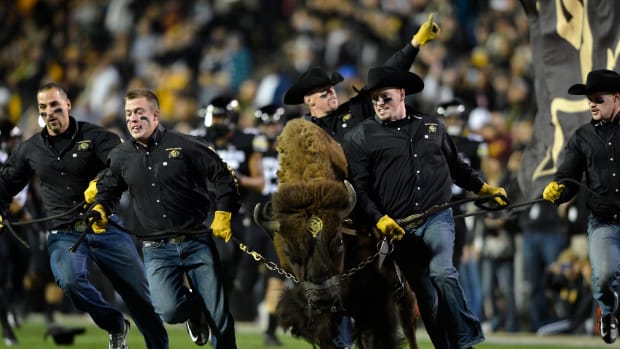 Oct 11, 2012; Boulder, CO, USA; Colorado Buffaloes Ralphie the Mascot comes onto the field before the start of the game against the Arizona State Sun Devils at Folsom Field. Mandatory Credit: Ron Chenoy-USA TODAY Sports