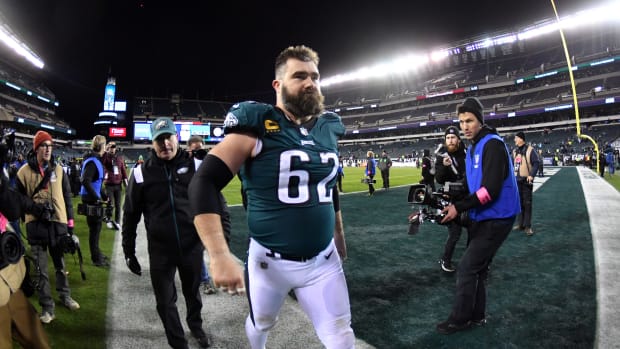 Jan 21, 2023; Philadelphia, Pennsylvania, USA; Philadelphia Eagles center Jason Kelce (62) leaves the field after defeating the New York Giants during an NFC divisional round game at Lincoln Financial Field. Mandatory Credit: Eric Hartline-USA TODAY Sports