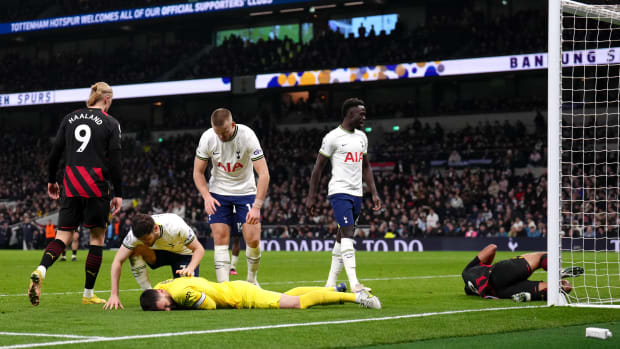 Tottenham goalkeeper Hugo Lloris pictured laying on the floor during his team's 1-0 win over Manchester City in February 2023