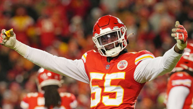 Chiefs defensive end Frank Clark celebrates during the 2022 AFC championship.