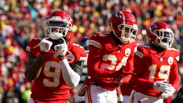 Dec 24, 2022; Kansas City, Missouri, USA; Kansas City Chiefs wide receiver JuJu Smith-Schuster (9) celebrates with wide receiver Skyy Moore (24) after a touchdown by wide receiver Kadarius Toney (19) during the first half against the Seattle Seahawks at GEHA Field at Arrowhead Stadium. Mandatory Credit: Jay Biggerstaff-USA TODAY Sports