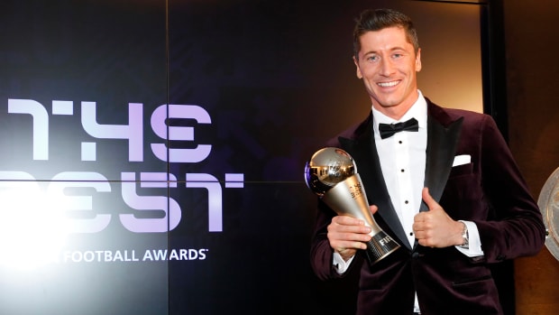Robert Lewandowski pictured with his trophy after winning The Best FIFA Men's Player award in 2020