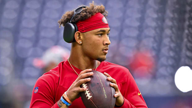 San Francisco 49ers quarterback Trey Lance (5) warming up prior to the game against the Houston Texans at NRG Stadium.