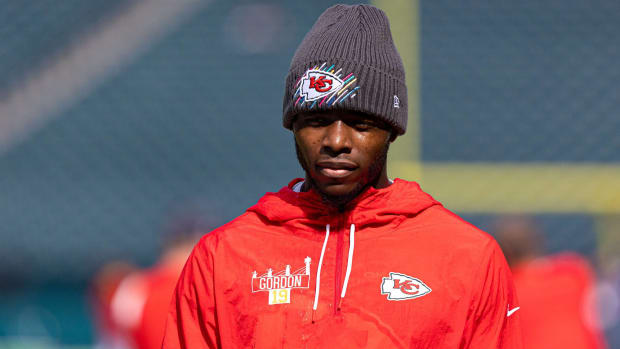 Chiefs wide receiver Josh Gordon looks on during warmups before a game.
