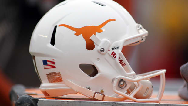 Nov 5, 2016; Lubbock, TX, USA; A University of Texas Longhorns helmet sits on the bench during the game against the Texas Tech Red Raiders at Jones AT&T Stadium. Mandatory Credit: Michael C. Johnson-USA TODAY Sports