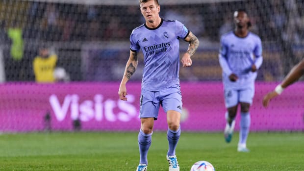 Toni Kroos pictured playing for Real Madrid during the 2022 FIFA Club World Cup in Morocco
