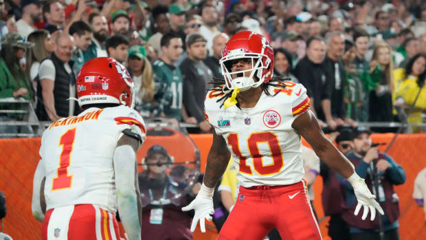 Feb 12, 2023; Glendale, AZ, USA; Kansas City Chiefs running back Isiah Pacheco (10) celebrates with running back Jerick McKinnon (1) after scoring a touchdown against the Philadelphia Eagles during the second half in Super Bowl LVII at State Farm Stadium. Mandatory Credit: Michael Chow/The Republic via USA TODAY Sports