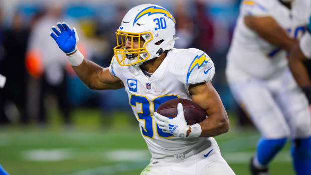 Jan 14, 2023; Jacksonville, Florida, USA; Los Angeles Chargers running back Austin Ekeler (30) against the Jacksonville Jaguars during a wild card playoff game at TIAA Bank Field. Mandatory Credit: Mark J. Rebilas-USA TODAY Sports