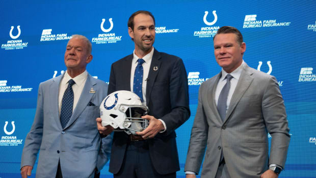 Shane Steichen, center, poses for photos with Colts Owner and CEO Jim Irsay, left, and General Manager Chris Ballard after a press conference Tuesday, Feb. 14, 2023 announcing that Steichen is the new Indianapolis Colts Head Coach.