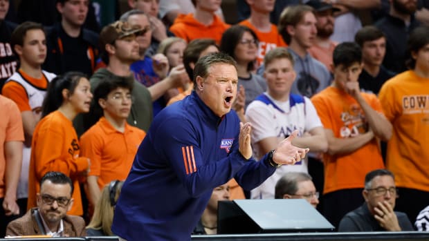 Feb 14, 2023; Stillwater, Oklahoma, USA; Kansas Jayhawks head coach Bill Self reacts after a play against the Oklahoma State Cowboys during the first half at Gallagher-Iba Arena.