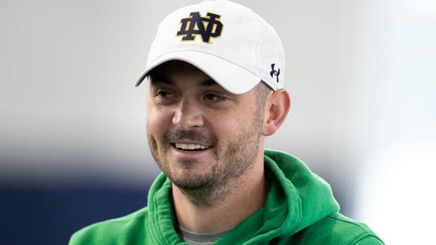 Former Notre Dame offensive coordinator Tommy Rees during  Spring Practice on Saturday, March 26, 2022, at Irish Athletics Center in South Bend, Indiana. Rees was hired by Alabama for the 2023 season.