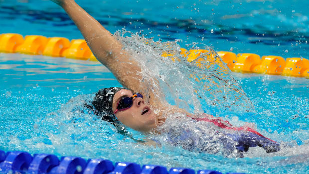 University of Alabama swimmer Rhyan White (USA) in the women's 200m backstroke final during the Tokyo 2020 Olympic Summer Games at Tokyo Aquatics Centre.