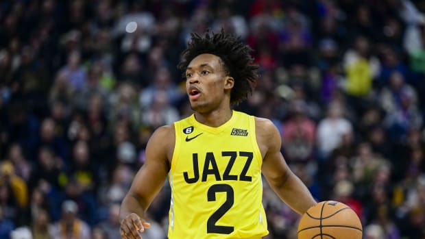 Utah Jazz guard Collin Sexton (2) looks for an open man against the Atlanta Hawks during the second half at Vivint Arena.