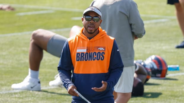 Denver Broncos defensive backs coach Christian Parker during training camp at UCHealth Training Complex.
