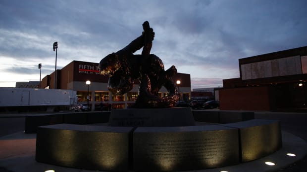 Jan 17, 2015; Cincinnati, OH, USA; A general view of the Cincinnati Bearcats statue outside of the arena prior to the against the Temple Owls at Fifth Third Arena. Mandatory Credit: Aaron Doster-USA TODAY Sports
