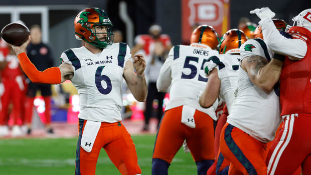 Seattle Sea Dragons quarterback Ben DiNucci (6) passes the ball against the D.C. Defenders during the first quarter at Audi Field.