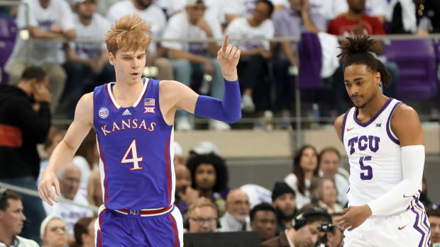 Feb 20, 2023; Fort Worth, Texas, USA; Kansas Jayhawks guard Gradey Dick (4) reacts after scoring during the first half against the TCU Horned Frogs at Ed and Rae Schollmaier Arena.