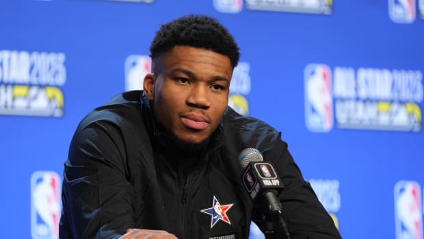 Team Giannis forward Giannis Antetokounmpo (34) speaks to the media after the 2023 NBA All-Star Game