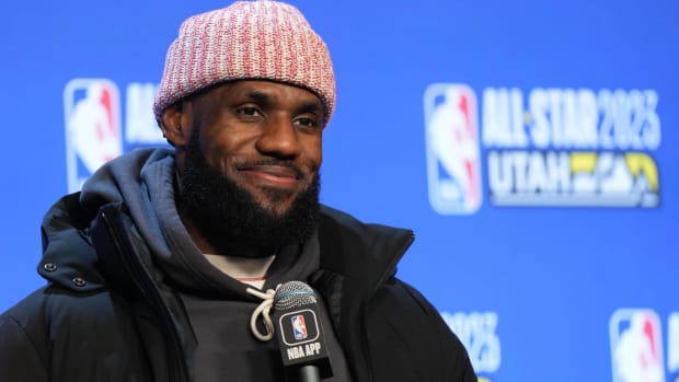 Lakers forward LeBron James speaks with the media after the NBA All-Star game.