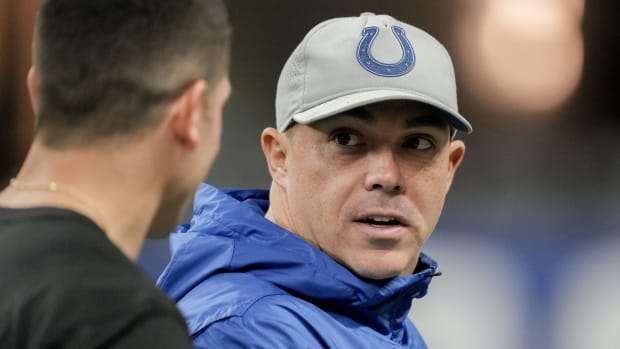 Jan 8, 2023; Indianapolis, Indiana, USA; Indianapolis Colts Special Teams Coordinator Bubba Ventrone talks on the sideline Sunday, Jan. 8, 2023, before a game against the Houston Texans at Lucas Oil Stadium.