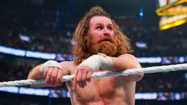 Closeup of Sami Zayn after losing to Roman Reigns at Elimination Chamber