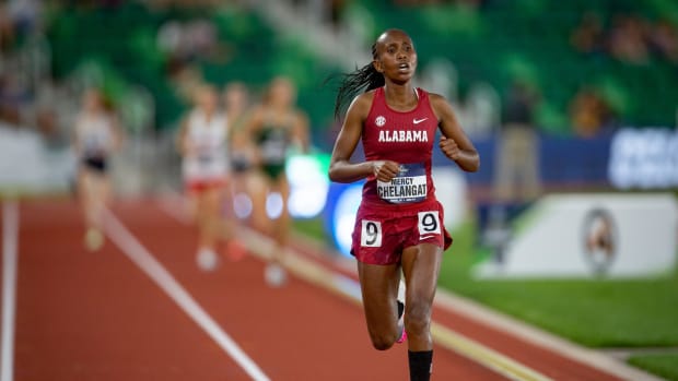 Alabama's Mercy Chelangat crosses the finish line to win the women's 10,000 meters on the second day of the NCAA Outdoor Track & Field Championships Thursday, June 9, 2022 at Hayward Field in Eugene, Ore.