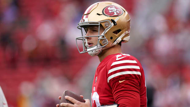 San Francisco 49ers quarterback Brock Purdy (13) warms up before a wild card game against the Seattle Seahawks at Levi’s Stadium.