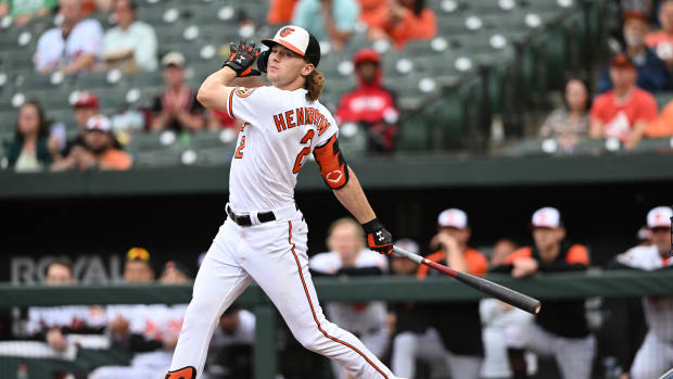 Gunnar Henderson swings at a pitch during a game with the Baltimore Orioles.