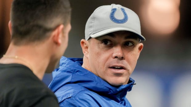 Indianapolis Colts Special Teams Coordinator Bubba Ventrone talks on the sideline Sunday, Jan. 8, 2023, before a game against the Houston Texans at Lucas Oil Stadium in Indianapolis.