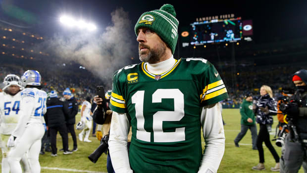 Green Bay Packers quarterback Aaron Rodgers (12) following the game against the Detroit Lions at Lambeau Field.