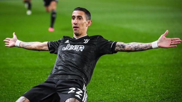 Angel Di Maria pictured celebrating after scoring for Juventus against Nantes in the 2022/23 UEFA Europa League