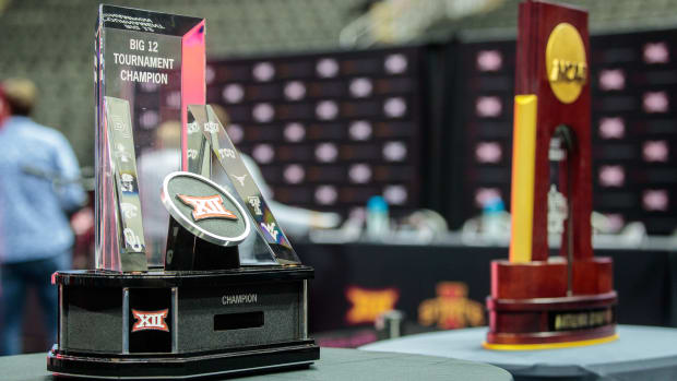 Oct 18, 2022; Kansas City, Missouri, US; Big 12 trophies on the floor during the womens Big 12 Basketball Tipoff event at the T-Mobile Center. Mandatory Credit: William Purnell-USA TODAY Sports